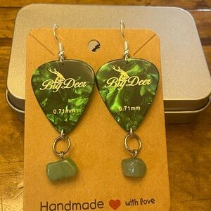 Vibrant Green Guitar Pick Earrings with Bead Dangles